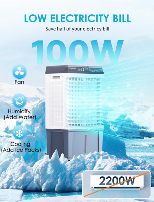 Air Choice Swamp Cooler, 1800 CFM Portable Evaporative Air Cooler with 6 Ice Box & 5.3 Gal Water Tank, 110° Swing, 3 Speeds, Upgraded Remote, 12H Timer, 3-in-1 Air Cooling Fan for Outdoor Indoor, Blue - Image 2