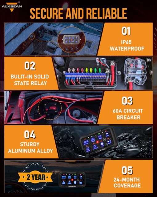 Auxbeam 8 Gang Switch Panel Bluetooth AR-800 RGB Switch Pod with Backlit Off Toggle Momentary Pulsed Auxiliary Switch Panel for Truck SUV ATV Marine RV Multifunction 12-24V Waterproof 2 Years Warranty - Image 4