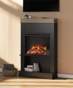 Ameriwood Home Mateo 30 Inch Electric Fireplace with Mantel and Shelf, Replaceable Fireplace Insert Heater, Freestanding, Remote Control, Timer, Realistic Log and Flame Effect, Black