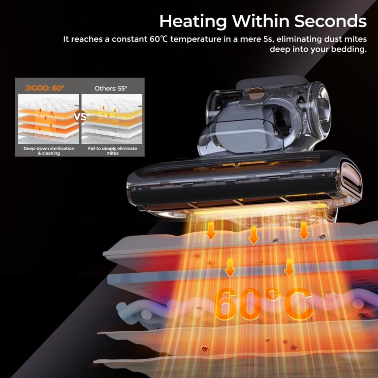JIGOO T600 Bed Vacuum Cleaner with UV-C Light, 15Kpa Suction 700W Powerful Double Cup Handheld Vacuums, Mattress Vacuum Cleaner with Smart Dust Sensor, Ultrasonic & Heating Tech, HEPA Filter - Corded - Image 4