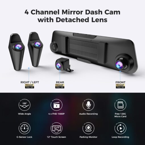 PRUVEEO 12'' Rear View Mirror Camera,360 View 4 Channel Mirror Dash Cam Detached Camera for Cars，FHD1080Px4,Dash Cam Front and Rear Side(Left,Right),Night Vision,GPS,Parking Monitor,Free 128GB Card - Image 8
