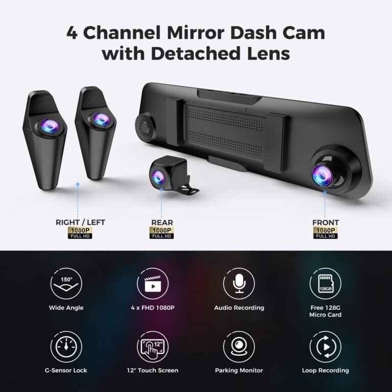 PRUVEEO 12'' Rear View Mirror Camera,360 View 4 Channel Mirror Dash Cam Detached Camera for Cars，FHD1080Px4,Dash Cam Front and Rear Side(Left,Right),Night Vision,GPS,Parking Monitor,Free 128GB Card - Image 8