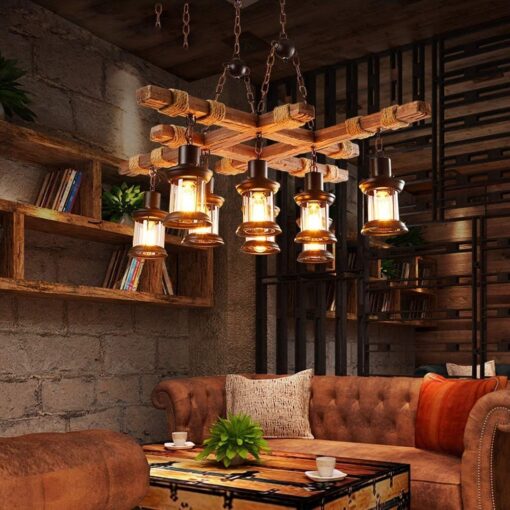 8 Lights Industrial Wooden Hanging Lighting Black Metal Chandelier Farmhouse Vintage Pendant Lamp Glass Lampshade for Pool Table Kitchen Island Bar Retro Ceiling Light Height Adjustable Fixture - Image 6