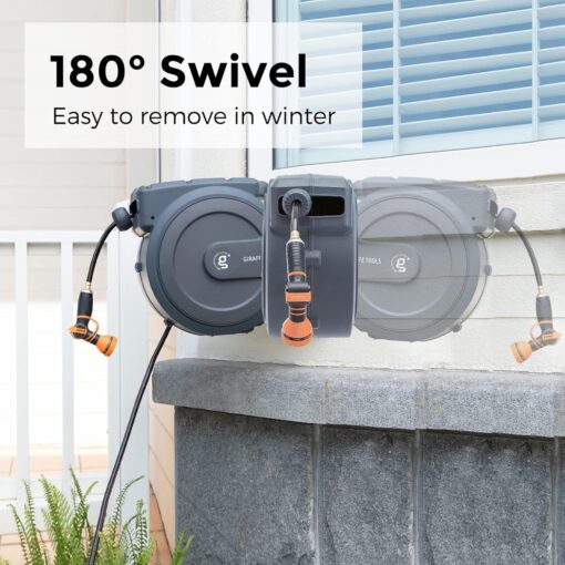 Giraffe Tools AW40 Retractable Hose Reel 5/8" x 90 ft Wall Mounted Garden Hose Reel Heavy Duty, Automatic Rewind, 180 Deg Swivel, Any Length Lock, 9 Pattern Nozzle, 90 ft, Dark Grey - Image 3