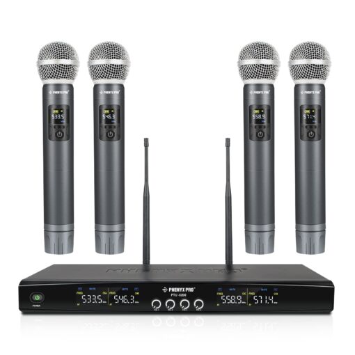 Phenyx Pro Wireless Microphone System, Metal Wireless Mic Set with 4 Cordless Mics, 4x25 UHF Adjustable Frequencies, 200ft Range, Dynamic Microphones for Singing, Karaoke, Church, DJ (PTU-5200-4H)