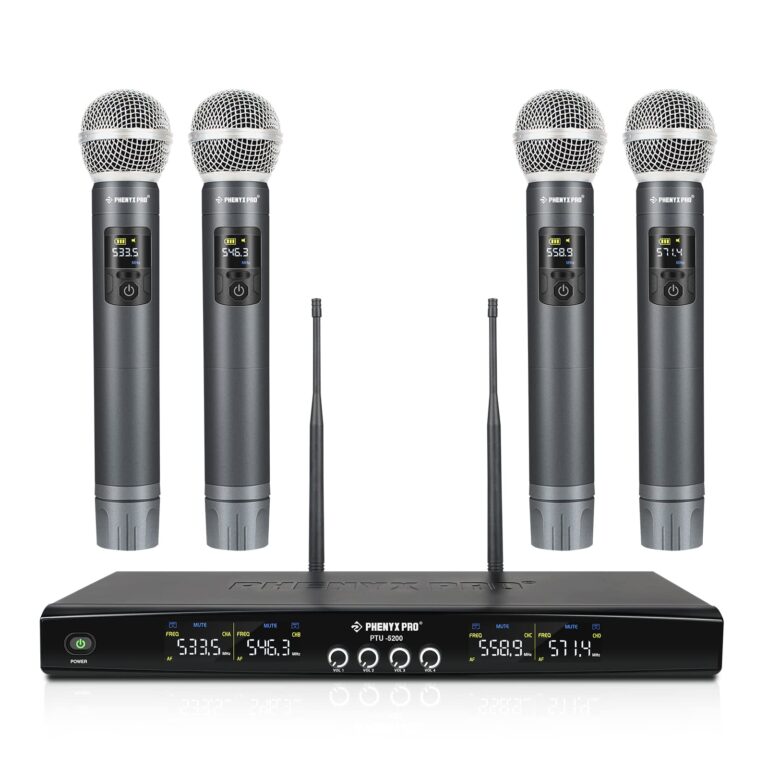 Phenyx Pro Wireless Microphone System, Metal Wireless Mic Set with 4 Cordless Mics, 4x25 UHF Adjustable Frequencies, 200ft Range, Dynamic Microphones for Singing, Karaoke, Church, DJ (PTU-5200-4H)