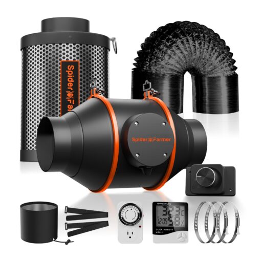 Spider Farmer Air Filtration Kit 4 Inch, Inline Duct Fan with RJ12 Speed Humidity Controller, Carbon Filter Combo, 25 Ft Ducting, Ventilation System Kit for Grow Tents, Hydroponics, Indoor Gardening