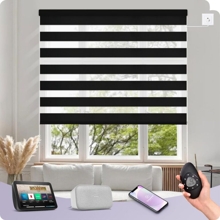 Graywind Motorized Zebra Blinds Compatible with Alexa Google WiFi Hardwired Smart Horizontal Window Blind Remote Control Light Filtering Electric Window Shades, Customized Size (Luxury Black)