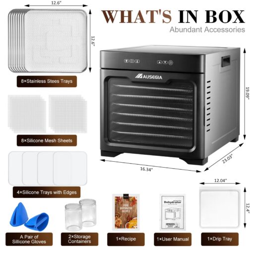 Ausegia Food Dehydrator With 8.8" Drying Space, Bigger Than 9 Trays Dehydrators,800W Power Saves More Time Than 600W, 190°F Dehydrated Dryer for Jerky, Dog Treats, Herbs, Meat, Fruit, Vegatables - Image 2