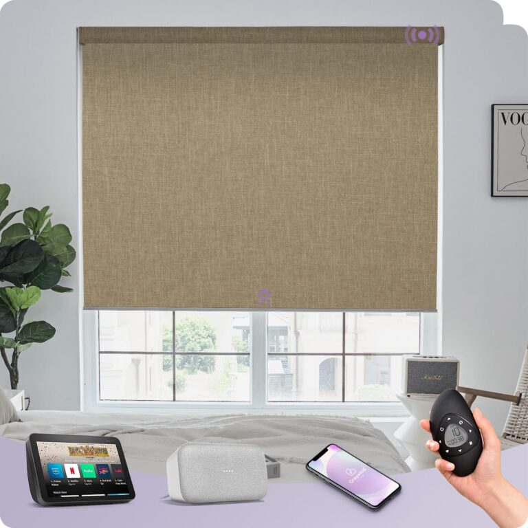 Graywind Motorized Roller Shades Work with Alexa Google Smart Blackout Shades with Remote Insulated Triple Weaved Fabric Window Blinds with Valance for Smart Home Office, Customized Size (Coffee)