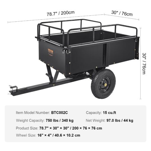 VEVOR Heavy Duty ATV Dump Cart - Steel Tow Behind trailer, 750 lbs, 15 Cubic Feet Garden Utility with Removable Sides - Image 6