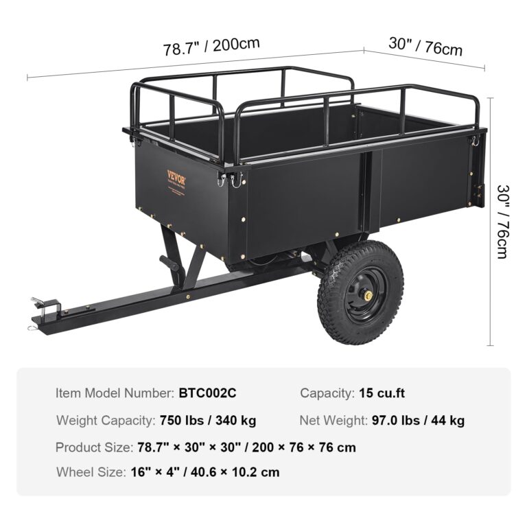 VEVOR Heavy Duty ATV Dump Cart - Steel Tow Behind trailer, 750 lbs, 15 Cubic Feet Garden Utility with Removable Sides - Image 6
