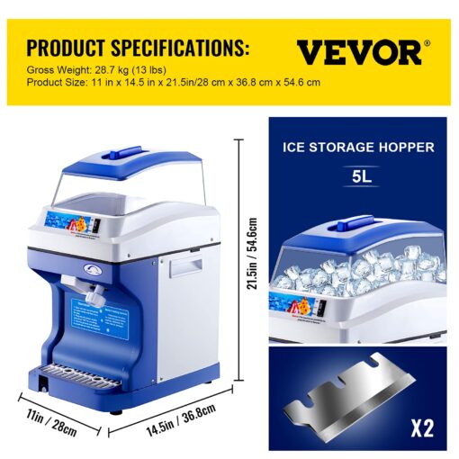 VEVOR 110V Commercial Ice Shaver Crusher 441LBS/H with 11LBS Hopper, 300W Tabletop Electric Snow Cone Maker 320 RPM Rotate Speed Perfect For Parties Events Snack Bar - Image 3