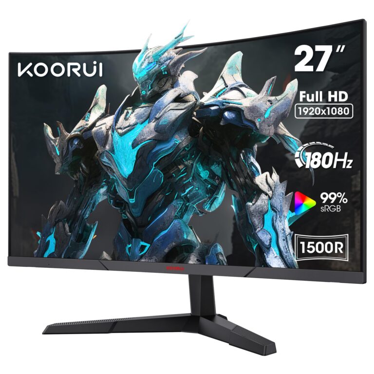 KOORUI Curved 27 Inch Gaming Monitor, Full HD 1080p R1500 180Hz VA Computer Monitor, 99% sRGB, Built-in Adaptive Sync, 1 x Display Port 1.2 & 2 x HDMI 2.0, Eye Care, VESA Compatible, Black 27E6CA