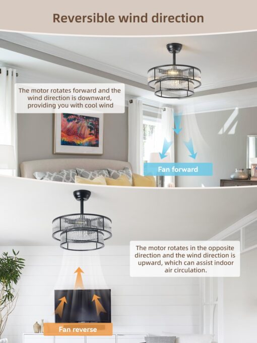 YADZSLY Black Fandelier Ceiling Fans with Lights, 20" Black Crystal Chandelier Ceiling Fan with Light Remote Control, Caged Mid Century with 6 Speeds for Bedroom, Living Room, Nursery - Image 5