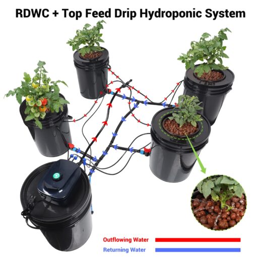 RDWC Top Feed Drip Hydroponics Systems, Recirculating Deep Water Culture Hydroponic Bucket System, 5 Gallon Hydroponics Growing System Kit with Water Pump, Air Pump(4 Bucket + Reservoir + Drip Kit) - Image 9