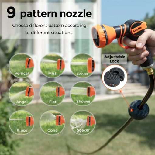 Giraffe Tools Metal Retractable Hose Reel 130 FT Wall Mounted Heavy Duty Hose Reel with 9 Pattern Nozzle 180 Deg Swivel, Metal Bracket Any Length Lock (1/2 130FT PRO, Dark Grey) - Image 4