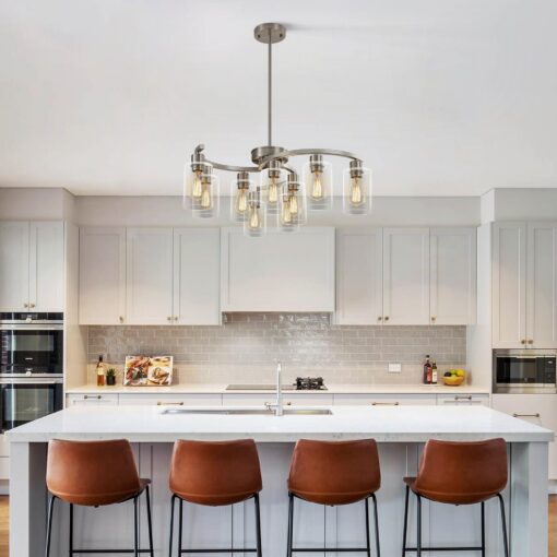 CNRATYE 9-Light Brushed Nickel Glass Chandelier, Adjustable Height Hanging Industrial Dining Room Chandelier Over Table, Modern Farmhouse Chandelier for Kitchen Island Living Room Entryway Bedroom - Image 6