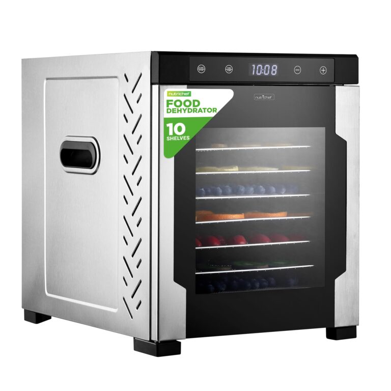 NutriChef Electric Countertop Food Dehydrator -900-Watt Premium Multi-Tier Meat Beef Jerky Maker Fruit/Vegetable Dryer w/10 Shelf Stainless Steel Trays,Digital Timer,Temperature Control-NCFD10S