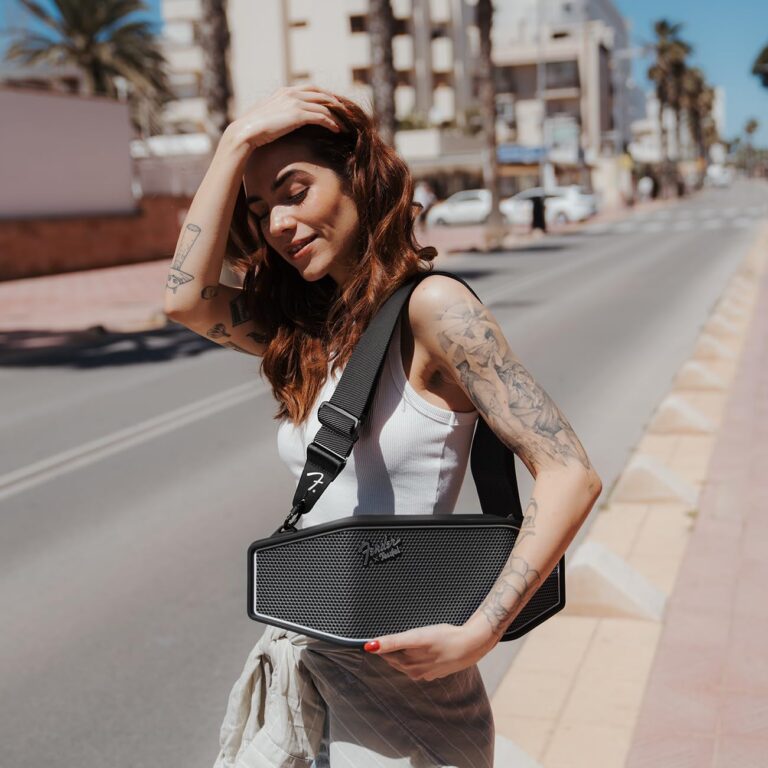 Fender x Teufel ROCKSTER CROSS Portable Wireless Bluetooth Speaker – Rugged, Waterproof, 16 Hours of Battery, Powerful Stereo Sound, Subwoofer, Built-in Power Bank, Fender Guitar Strap (Black & Steel) - Image 4