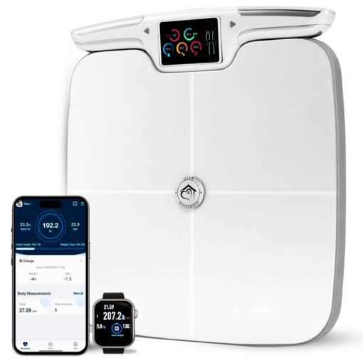 Premium Smart Digital Body Weight Scale with 8 Electrodes – 56+Metrics -Rechargeable- WIFI & Bluetooth Connected for Full Body Analysis -Track Body Fat, Muscle Mass, Fat Percentage, Sleek White Design