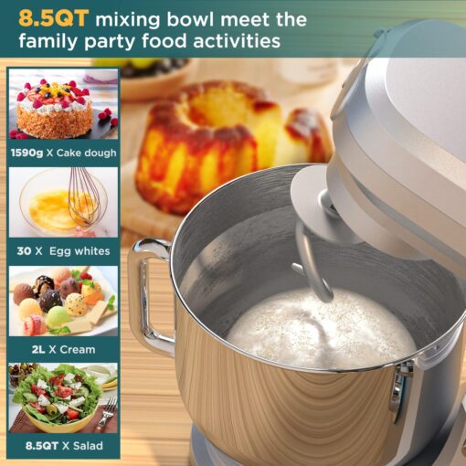 COOKLEE 6-IN-1 Stand Mixer, 8.5 Qt. Multifunctional Electric Kitchen Mixer with Beater, Whisk, Dough Hook, Meat Grinder and Other Accessories for Most Home Cooks, SM-1507BM, Silvery - Image 2