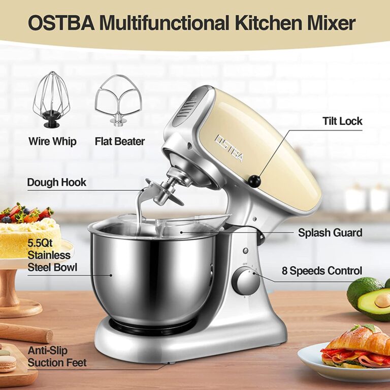 OSTBA Die-Cast Stand Mixer, 8 Speeds, 600W, 5.5Qt Tilt-Head, Stainless Steel Bowl, Dishwasher Safe, Dough Hook, Egg Whisk, Mixer Beater, Splash Guard, Almond Cream - Image 8