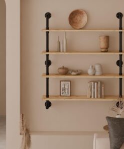 ROGMARS Industrial Pipe Wall Shelves Shelving with Real Wood Plank,48 Inches Floating Shelf for Wall Farmhouse Book Shelves Dark Brown 4 Tier for Kitchen,Living Room Decor and Bar Shelving