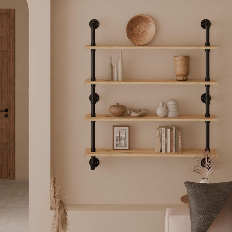 ROGMARS Industrial Pipe Wall Shelves Shelving with Real Wood Plank,48 Inches Floating Shelf for Wall Farmhouse Book Shelves Dark Brown 4 Tier for Kitchen,Living Room Decor and Bar Shelving