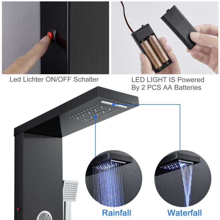 TSIBOMU Multi-Function LED Lights Shower Panel System Black, 5 in 1 Shower Panel Include Rainfall & Waterfall Shower Head, 3 Pcs Adjustable Massage Jets, Handheld Shower, Tub Spout - Image 5