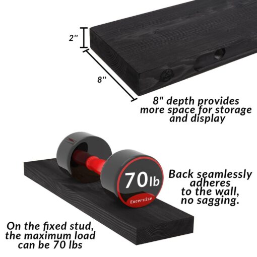 XWNE Rusitc Floating Shelves 48 inch Long 8 "deep Set of 2, Heavy Duty Wood Wall Mounted Shelves for Bathroom Living Room Kitchen,Book Shelves with Thickened Hidden Bracket-Black - Image 7