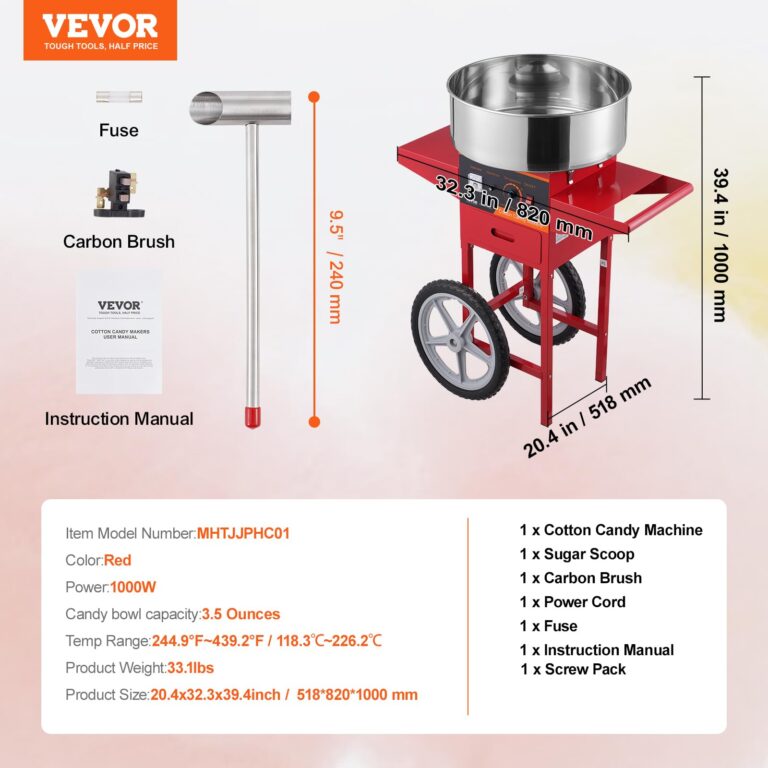 VEVOR Electric Cotton Candy Machine with Cart, 1000W Commercial Candy Floss Maker with Stainless Steel Bowl, Sugar Scoop and Drawer, Perfect for Home, Kids Birthday, Family Party, Red - Image 4