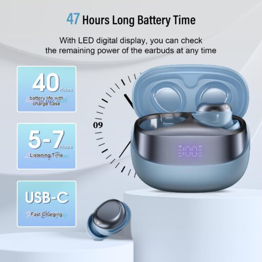 DUSONLAP Sleep Earbuds Bluetooth 5.4 in Ear Light-Weight Headphones, Mini Sleep Headphones Small Design for Side Sleepers, 47H Playtime with Charging Case, Clear Calls Earphones, Gray Blue - Image 4