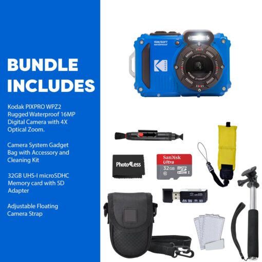 Kodak PIXPRO WPZ2 Rugged Waterproof Shockproof Digital Camera 16MP 4X Optical Zoom 1080P Full HD Video, 2.7 LCD (Blue), 32GB SD Card, Black Compact Camera Case, Floating Strap, Bundle (7 Items) - Image 4