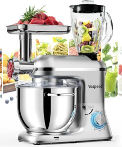 Vospeed 9 IN 1 Stand Mixer, 850W Tilt-Head Multifunctional Electric Mixer with 8 QT Stainless Steel Bowl, 1.5L Glass Jar, Meat Grinder, Hook, Whisk, Beater Dishwasher Safe (Silver)