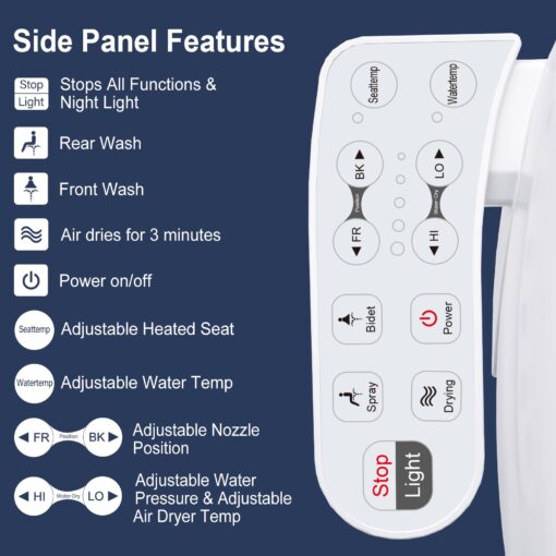 ZMJH 236 Bidet Toilet Seat, Elongated Smart Unlimited Warm Water, Vortex Wash, Electronic Heated, Warm Air Dryer, Rear and Front Wash, LED Light, Need Electricity, White (Elongated) - Image 5