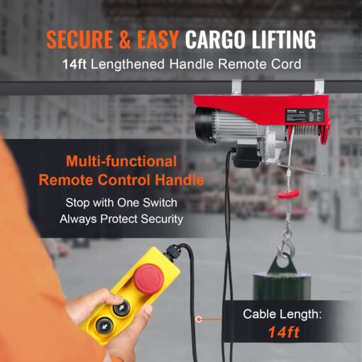 Happybuy Electric Hoist, 2200 lb Overhead Crane Garage w/Steel Hook, Remote Control & Emergency Stop Switch Ceiling Pulley Winch for Warehouse, Construction, Goods Lifting, 110V Red, 2200Lbs - Image 9