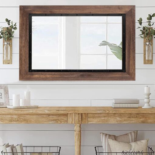 YOSHOOT Rustic Wooden Framed Wall Mirror, Natural Wood and Iron Bathroom Vanity Mirror for Farmhouse Decor, Vertical or Horizontal Hanging, 53" x 28", Brown - Image 3