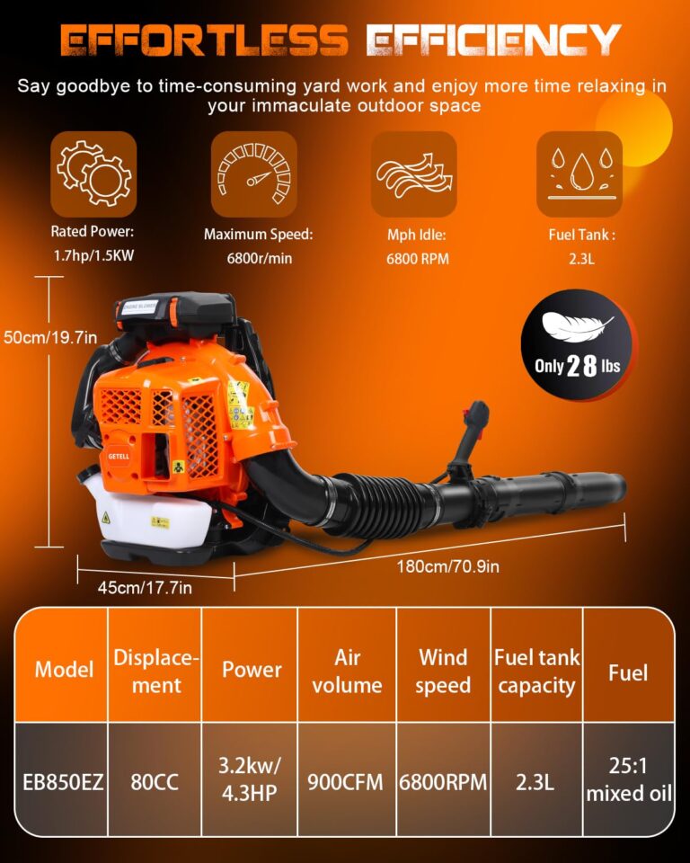 Getell 80cc Gas Backpack Leaf Blower, 900CFM 206MPH 2-Stroke Engine, Heavy-Duty Leaf & Snow Blower for Lawn, Garden & Commercial Use (851 EZ) - Image 6