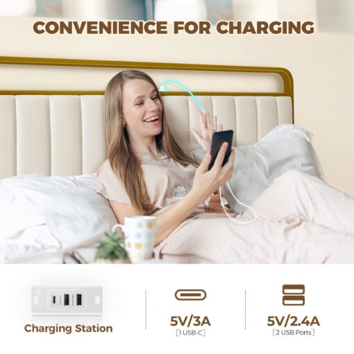 Rolanstar Full Size Bed Frame with LED Light and Charging Station, Upholstered Headboard and Footboard, Metal Slat, Noise Free, Easy Assembly, Golden - Image 6