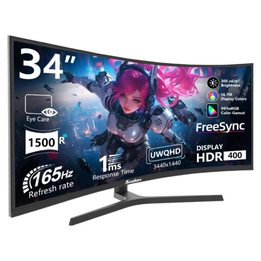 Sealan 34 inch Curved Ultrawide Gaming Monitor 165Hz,3440x1440 21:9 UWQHD, 1ms(MPRT),1500R, PIP/PBP,HDR400, 99% sRGB,300nits, FreeSync, HDMI2.0(TMDS) x2,DP1.4 x2, Eye Care, VESA(75 * 75mm)