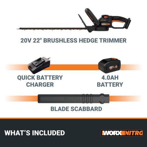 WORX Nitro 20V 22" Hedge Trimmer Cordless, Lightweight Cordless Hedge Trimmer with Dual-Action Blades 3400 SPM, Brushless PowerShare Bush Trimmer Cuts Branches 1" Thick – Battery & Charger Included - Image 5