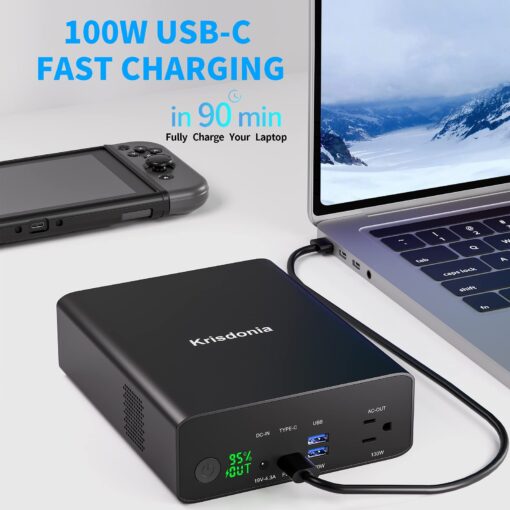 Krisdonia Power Bank with AC Outlet, Portable Laptop Charger Battery Bank USB C 100W Fast Charging, 80000mAh/296Wh Power Station External Battery Pack 130W/110V for Outdoor Camping Home Office - Image 6