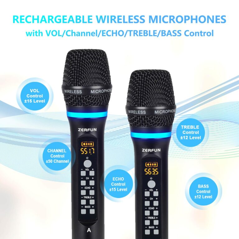 ZERFUN 4 Channel Rechargeable Wireless Microphone System, Pro UHF Metal Handheld Wireless Microphones Cordless Mics with Echo Treble BASS VOL Channel Control for Karaoke Singing Church(GT-200) - Image 7