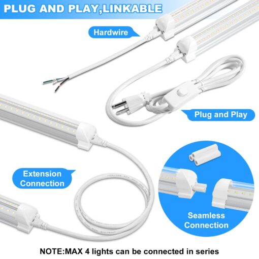 Phiwicsh 8FT LED Shop Light 10 Pack, Hanging/Surface Mount 6000K/White Light LED Tube Light, Plug & Play 72W 11520LM Super Bright High Output T8 LED Ceiling Lighting, Linkable Shop Lights for Garage - Image 6