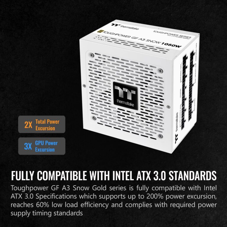 Thermaltake Toughpower GF A3 Snow Edition 1050W 80+ Gold Full Modular SLI/Crossfire Ready ATX 3.0 Power Supply; PCIe Gen.5 600W 12VHPWR Connector Included; PS-TPD-1050FNFAGU-N; 10 Year Warranty - Image 4