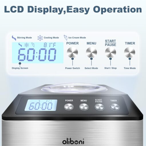 2.6 Qt Ice Cream Maker with Compressor, LCD Digital Display & Timer, No Pre-freezing, Countertop Gelato Makers, Automatic Ice Cream Machine for Homemade Use, Stainless Steel, 10-year Repair Service - Image 5