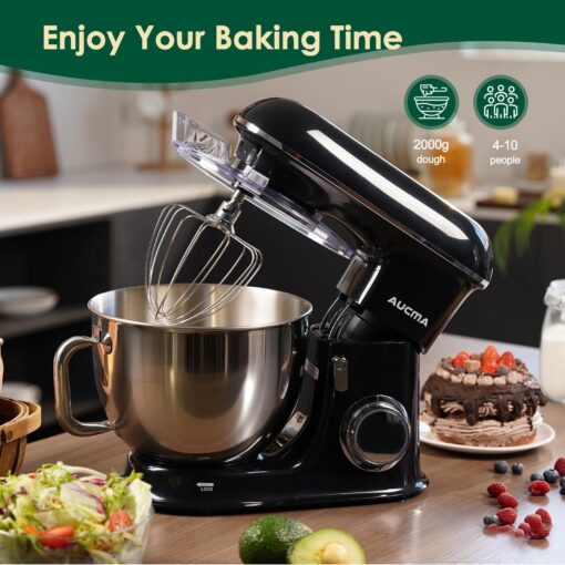 Aucma Stand Mixer,8.5QT 900W Tilt-Head, Large Capacity Kitchen Electric Mixer with Dough Hook, Wire Whip & Beater (Black, 8.5QT) - Image 2