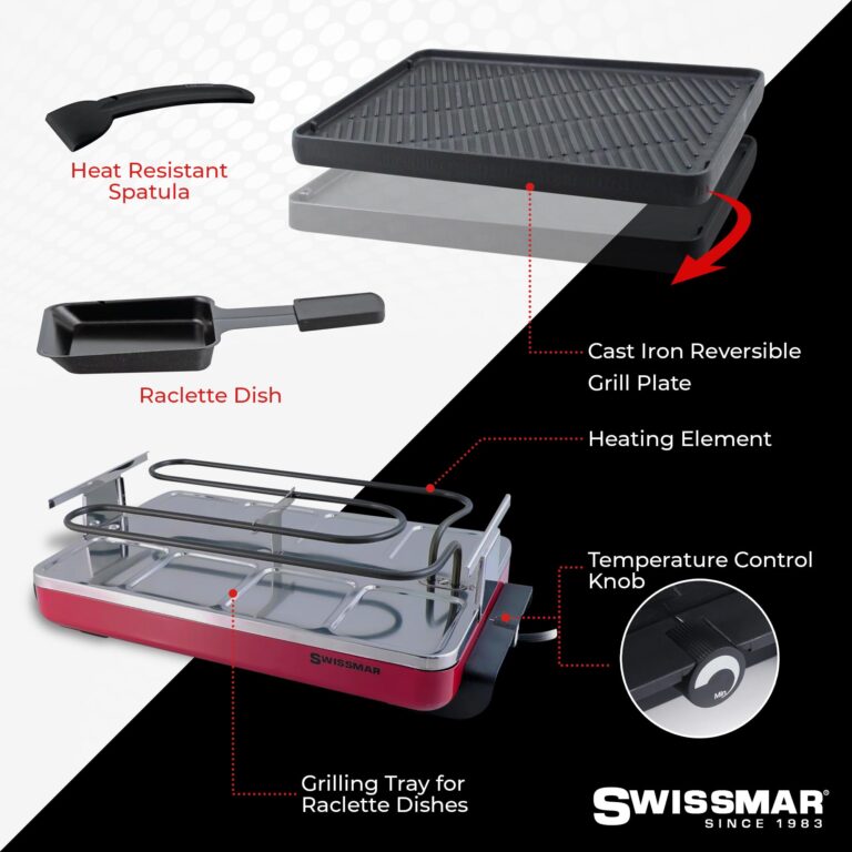 Swissmar Classic 8-Person Raclette Party Grill with Reversible Cast Iron Grill Plate/Crepe Top, Indoor Electric Raclette Grill & Griller - Red - Image 5
