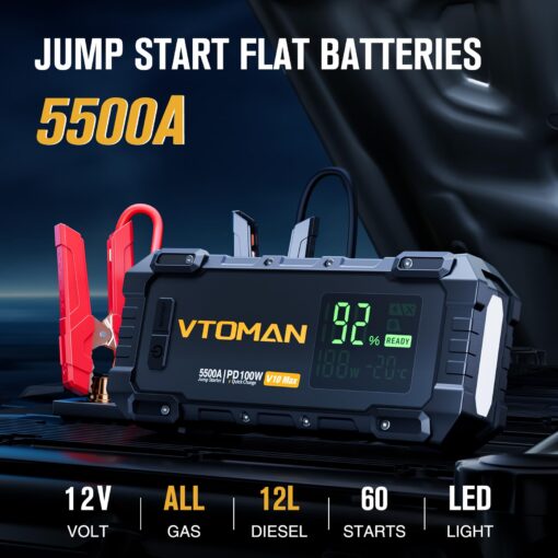 VTOMAN V10 Max 5500A Jump Starter with 100W USB-C Fast Charger Car Battery Jumper Starter Portable for All Gas or 12L Diesel Engines,12V Jump Strart Booster Pack, Jump Box Comes with 100W Car Charger - Image 8
